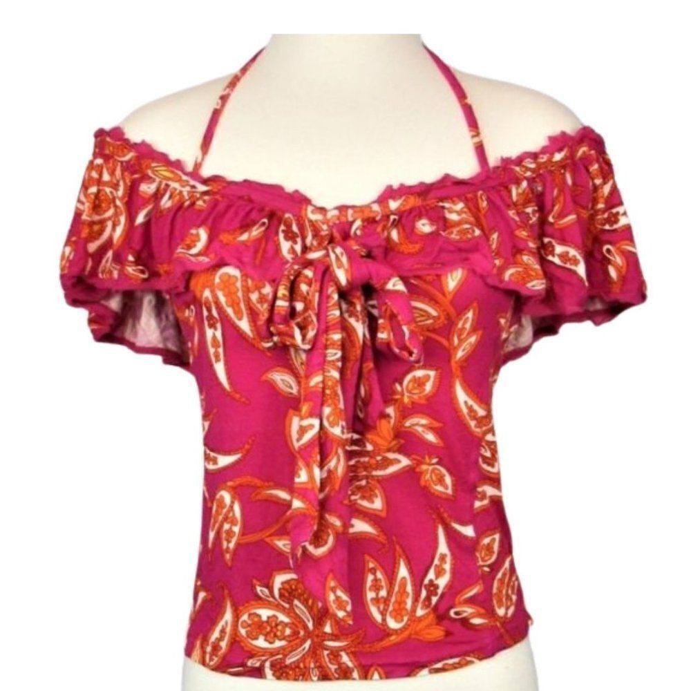 Crop Top Ruffled Off Shoulder Spaghetti Strap Cottagecore Paisley Pink Size S